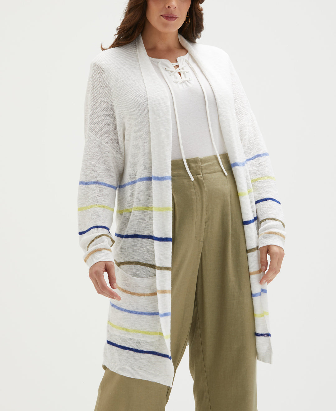 Plus Size Organic Cotton-Linen Blend Striped Duster Cardigan Sweater (Hydrangea) 