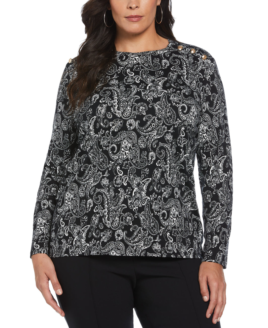 Plus Size Paisley Print Button Detail Top (Black) 