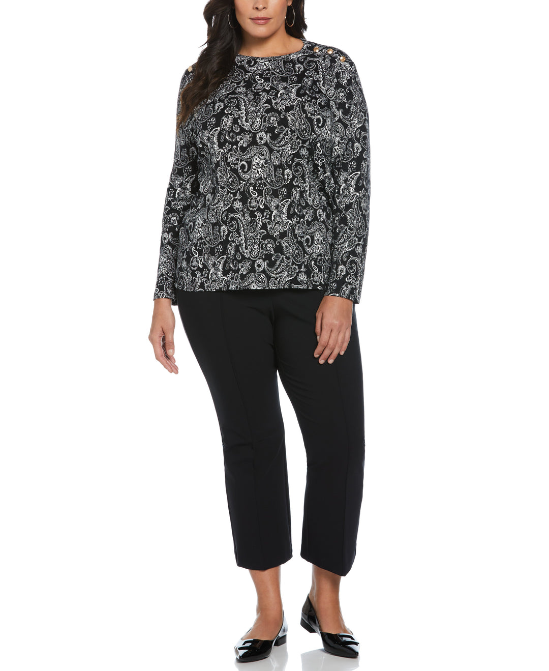 Plus Size Paisley Print Button Detail Top (Black) 