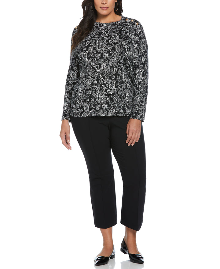 Plus Size Paisley Print Button Detail Top (Black) 