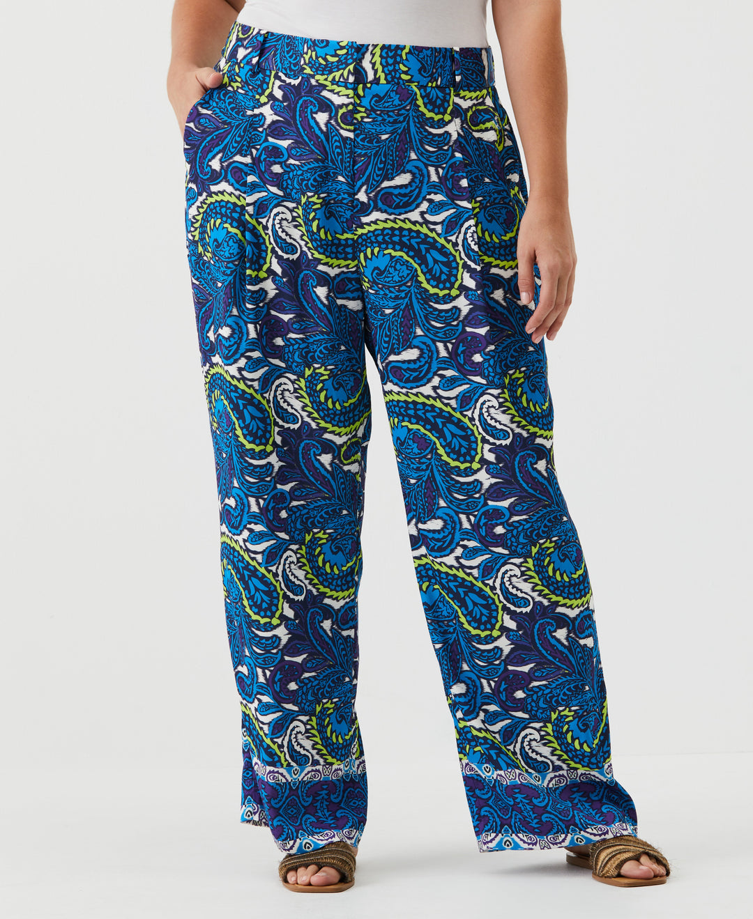 Paisley Print High Rise Wide Leg Pant (Malibu Blue) 