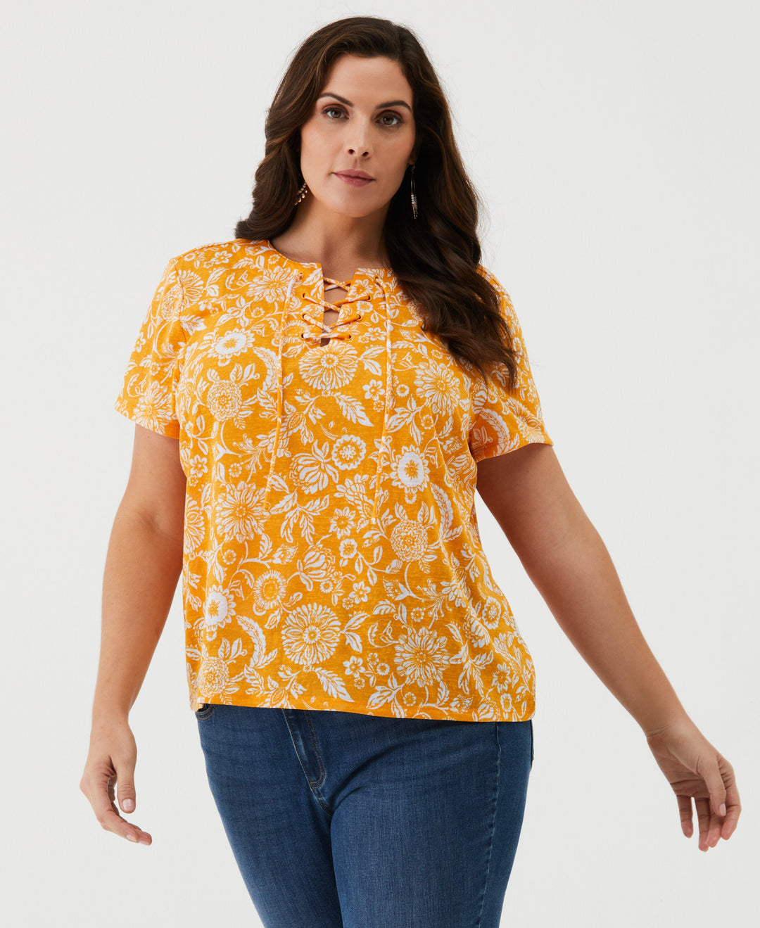 Plus Size Paisley Print Lace-Up Tee (Cadmium Yellow) 