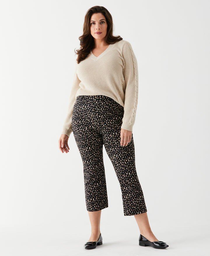 Plus Size Printed Crop Boot Cut Pant with Belt (Black) 