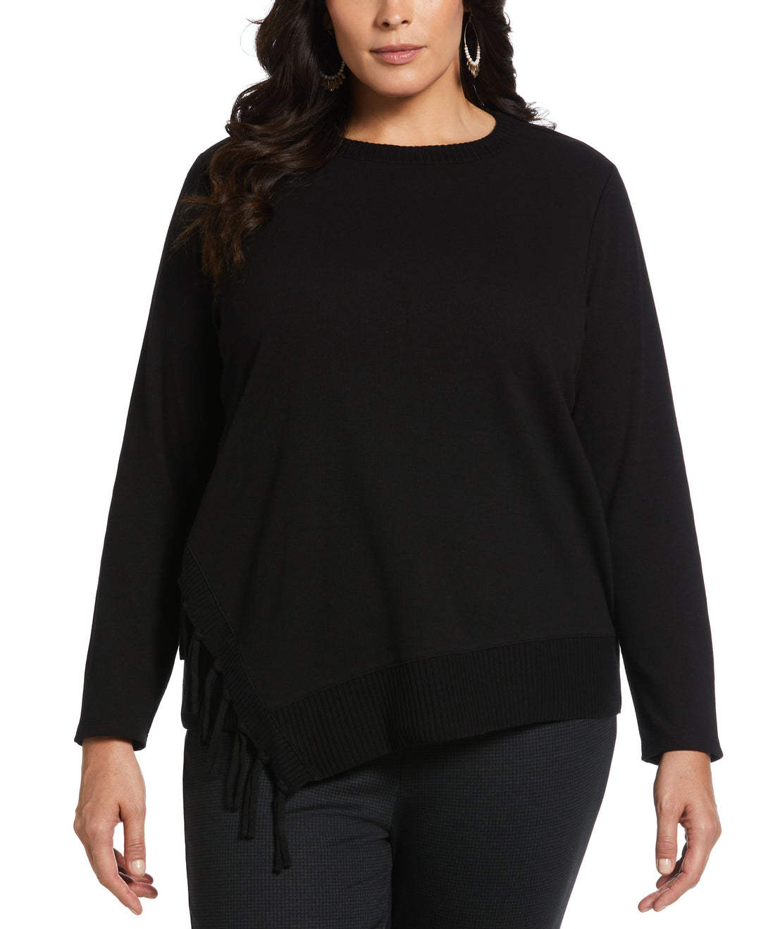Plus Size Ribbed Asymmetrical Fringe Hem Top (Black) 