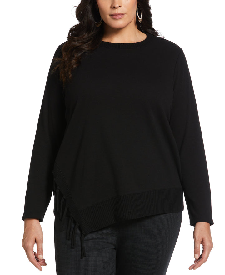 Plus Size Ribbed Asymmetrical Fringe Hem Top (Black) 
