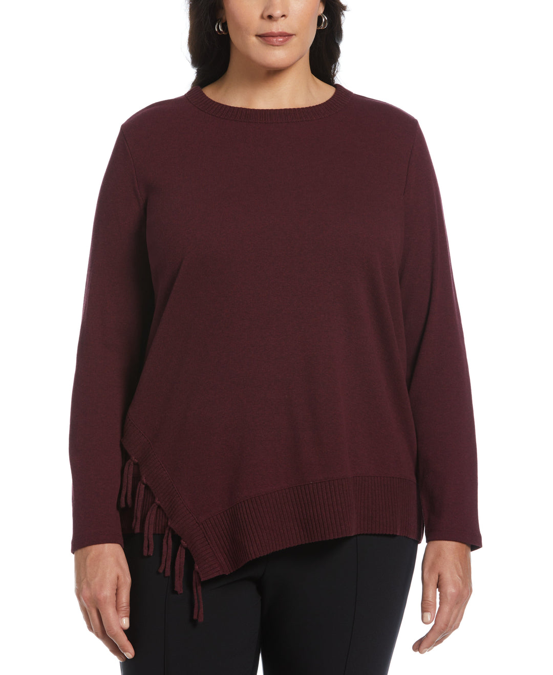 Plus Size Ribbed Asymmetrical Fringe Hem Top (Dark Cherry Heather) 