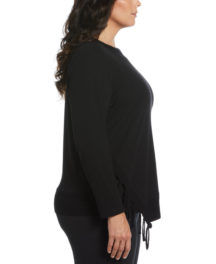Plus Size Ribbed Asymmetrical Fringe Hem Top (Black) 