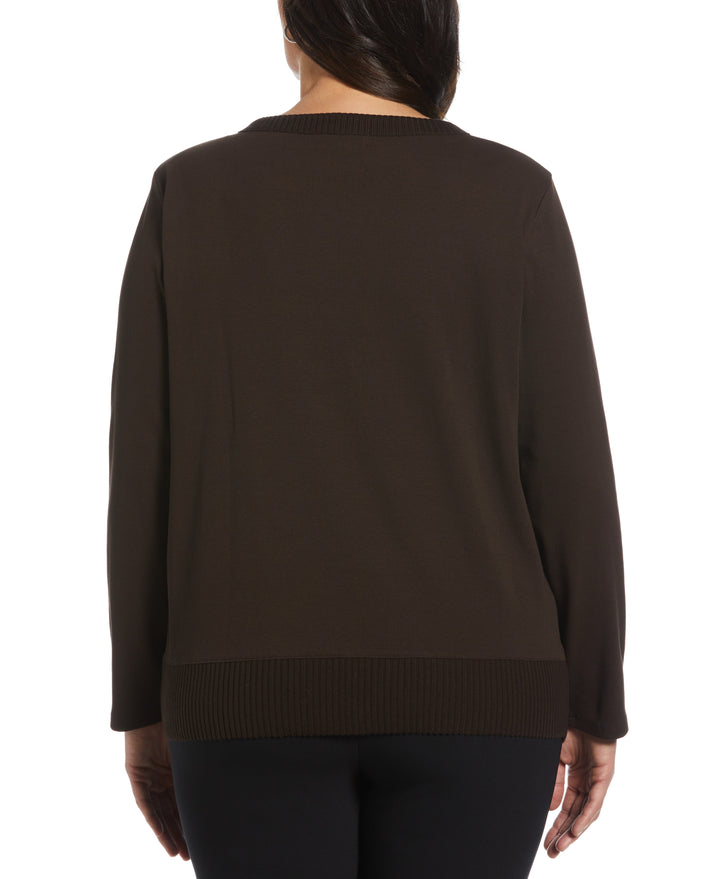 Plus Size Ribbed Asymmetrical Fringe Hem Top (Dark Chocolate) 