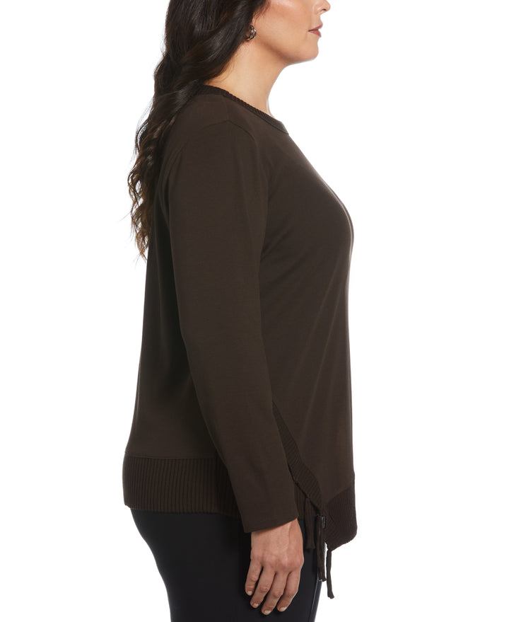 Plus Size Ribbed Asymmetrical Fringe Hem Top (Dark Chocolate) 