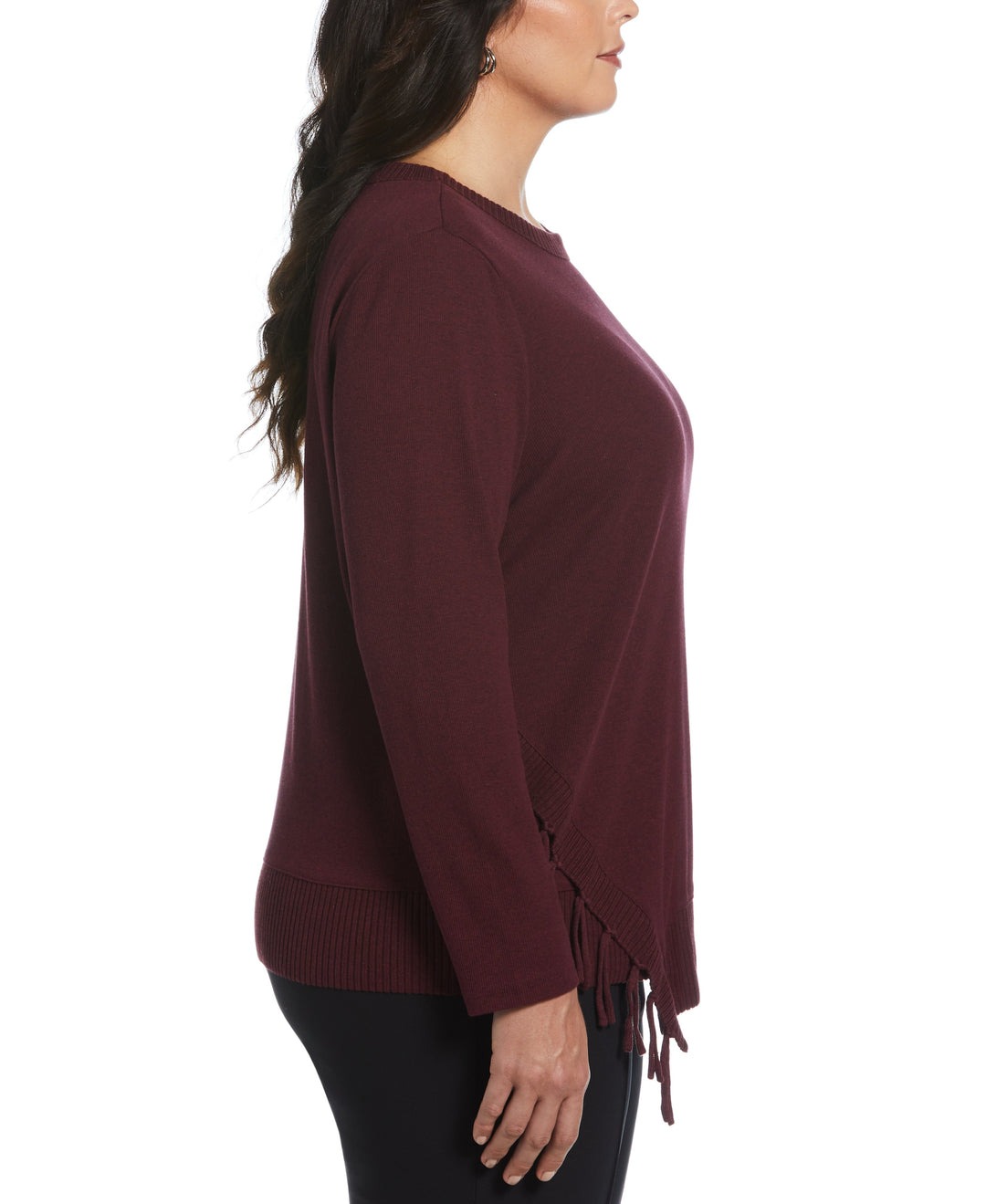 Plus Size Ribbed Asymmetrical Fringe Hem Top (Dark Cherry Heather) 