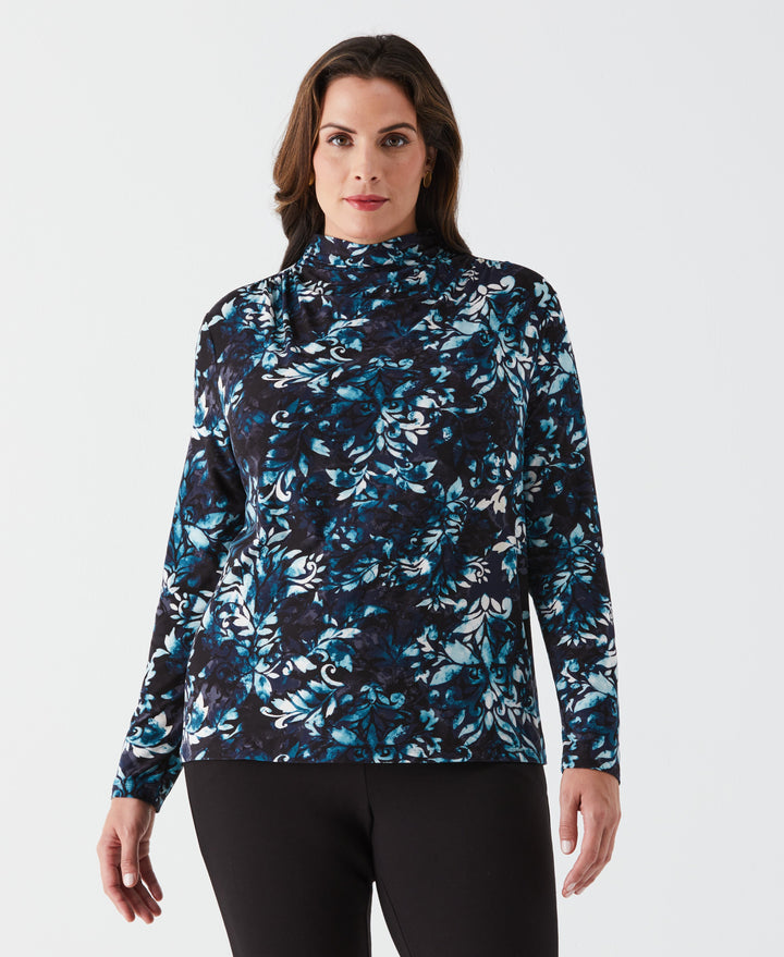 Plus Size Shadow Damask Print Ruched Mock Neck Top (Deep Teal) 