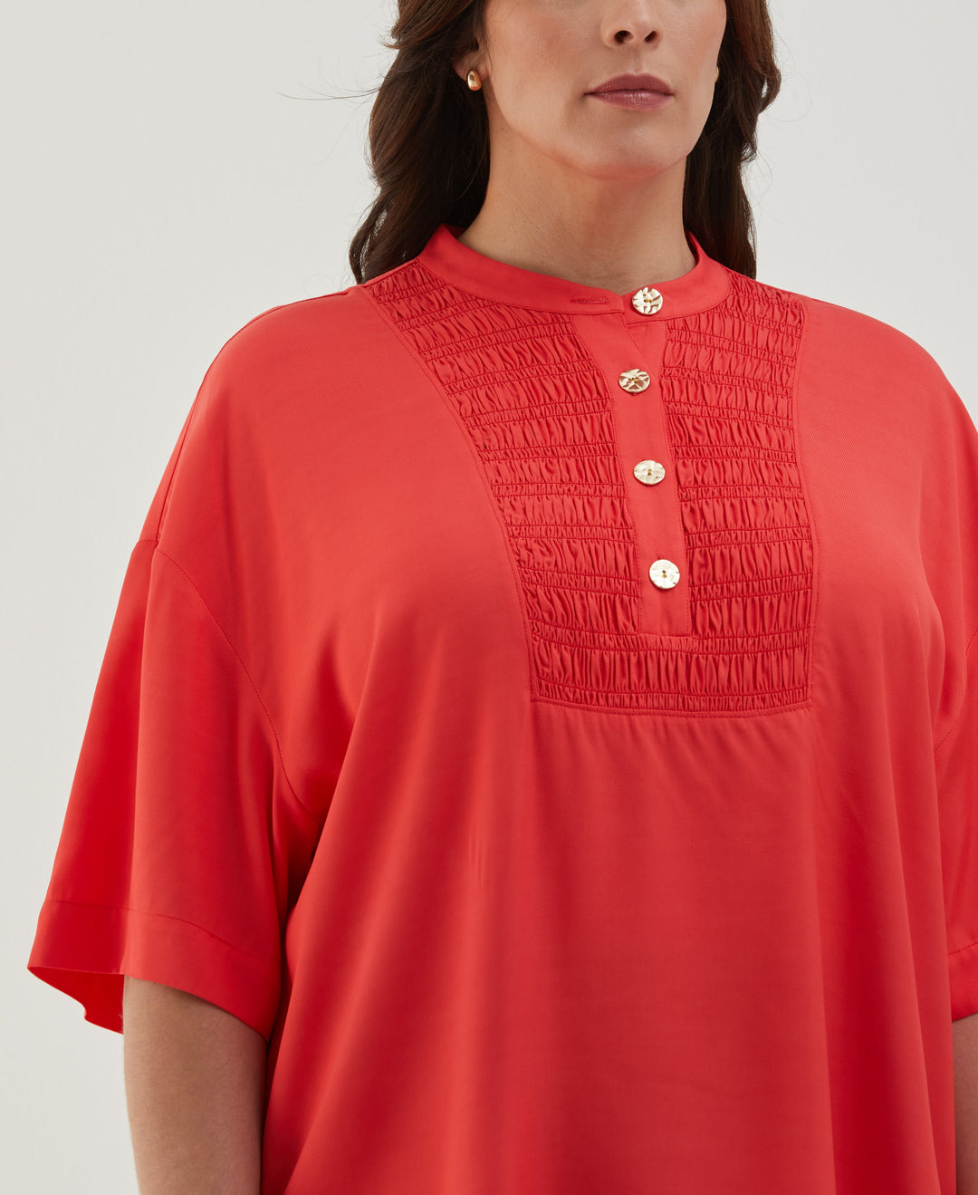 Plus Size Smocked Banded Collar Top (Hibiscus) 