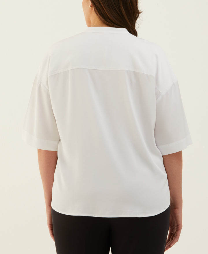 Plus Size Smocked Banded Collar Top (White) 