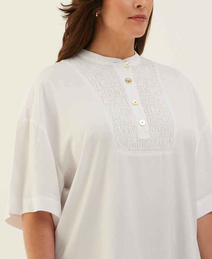 Plus Size Smocked Banded Collar Top (White) 