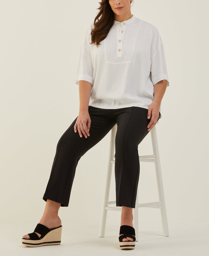 Plus Size Smocked Banded Collar Top (White) 