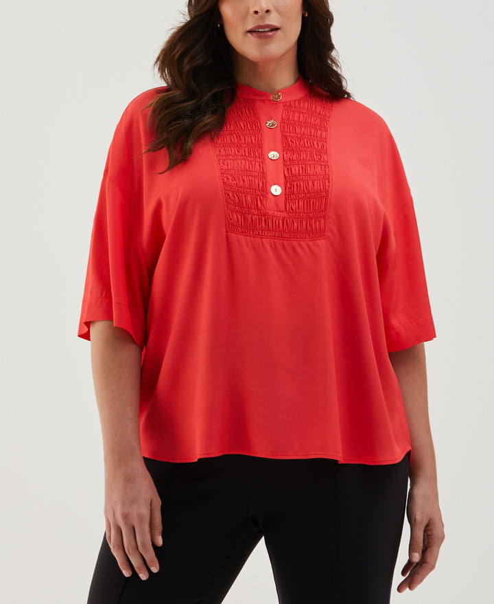 Plus Size Smocked Banded Collar Top (Hibiscus) 