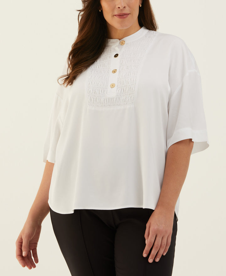 Plus Size Smocked Banded Collar Top (White) 