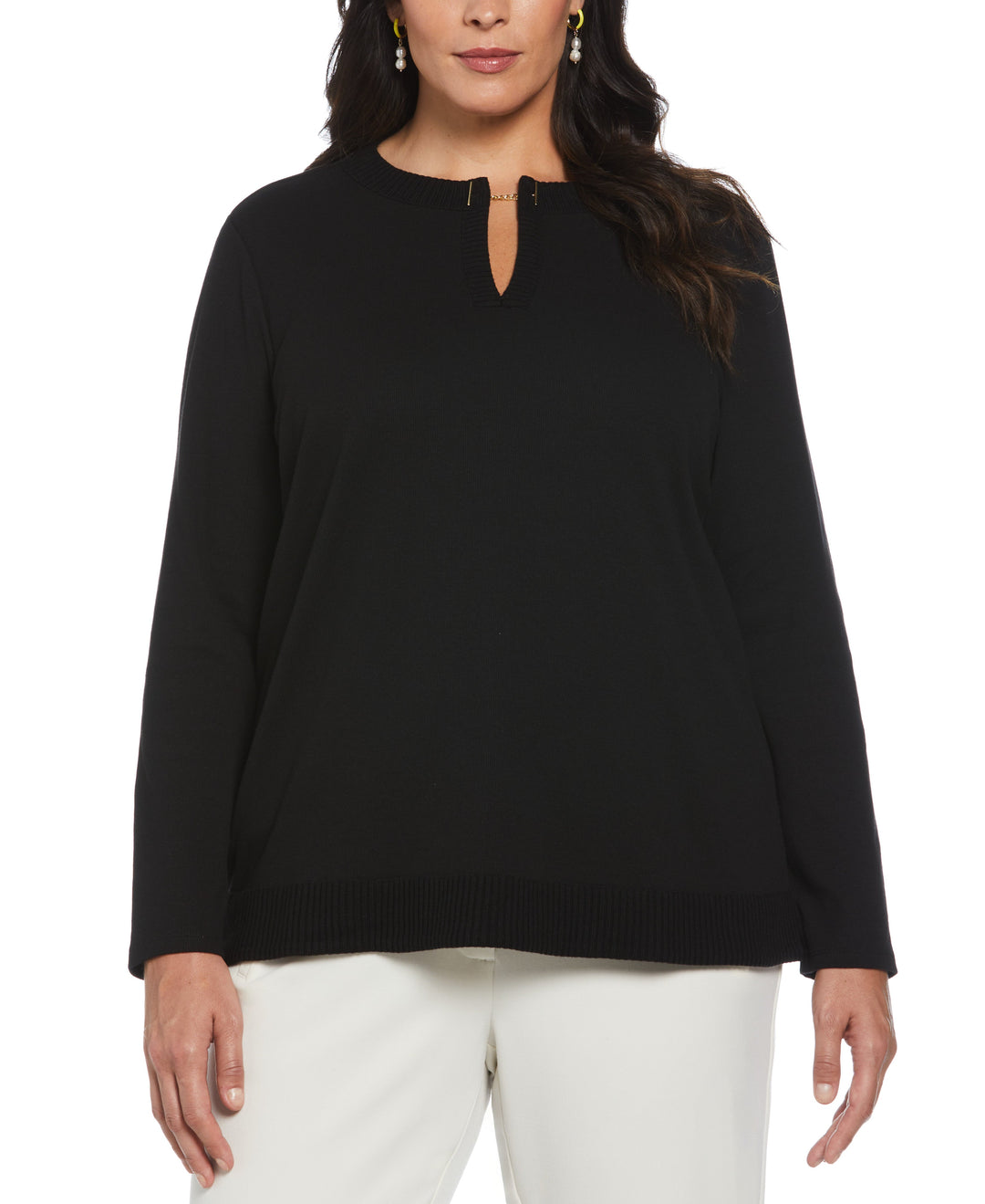 Plus Size Split Neck Chain Detail Top (Black) 