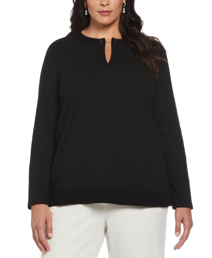 Plus Size Split Neck Chain Detail Top (Black) 