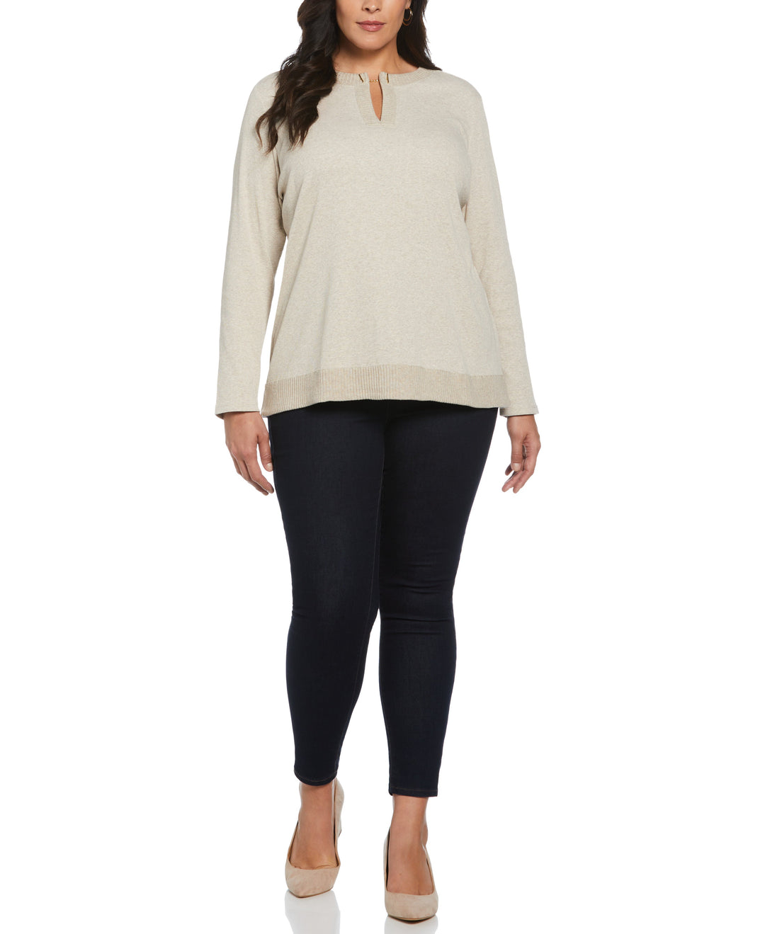 Plus Size Split Neck Chain Detail Top (Oatmeal Heather) 