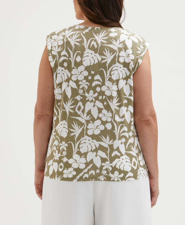 Plus Size Tropical Print Lace-Up Tank Top (Aloe) 