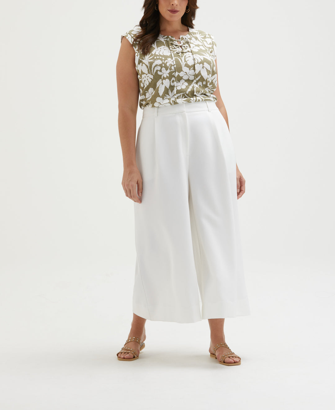 Plus Size Tropical Print Lace-Up Tank Top (Aloe) 