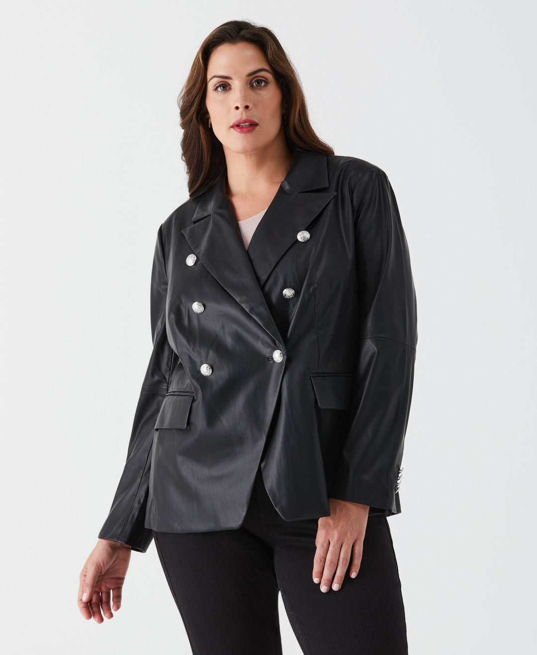 Plus Size Vegan Leather Double Breasted Blazer (Black) 