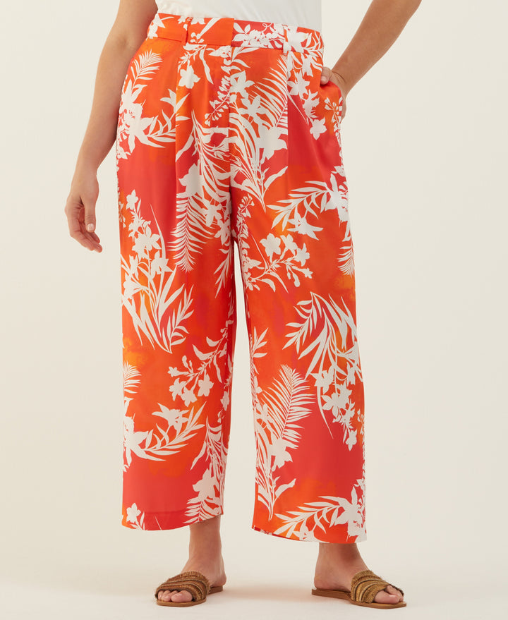 Plus Size Wildflower Print Wide Leg Ankle Pant (Hibiscus) 
