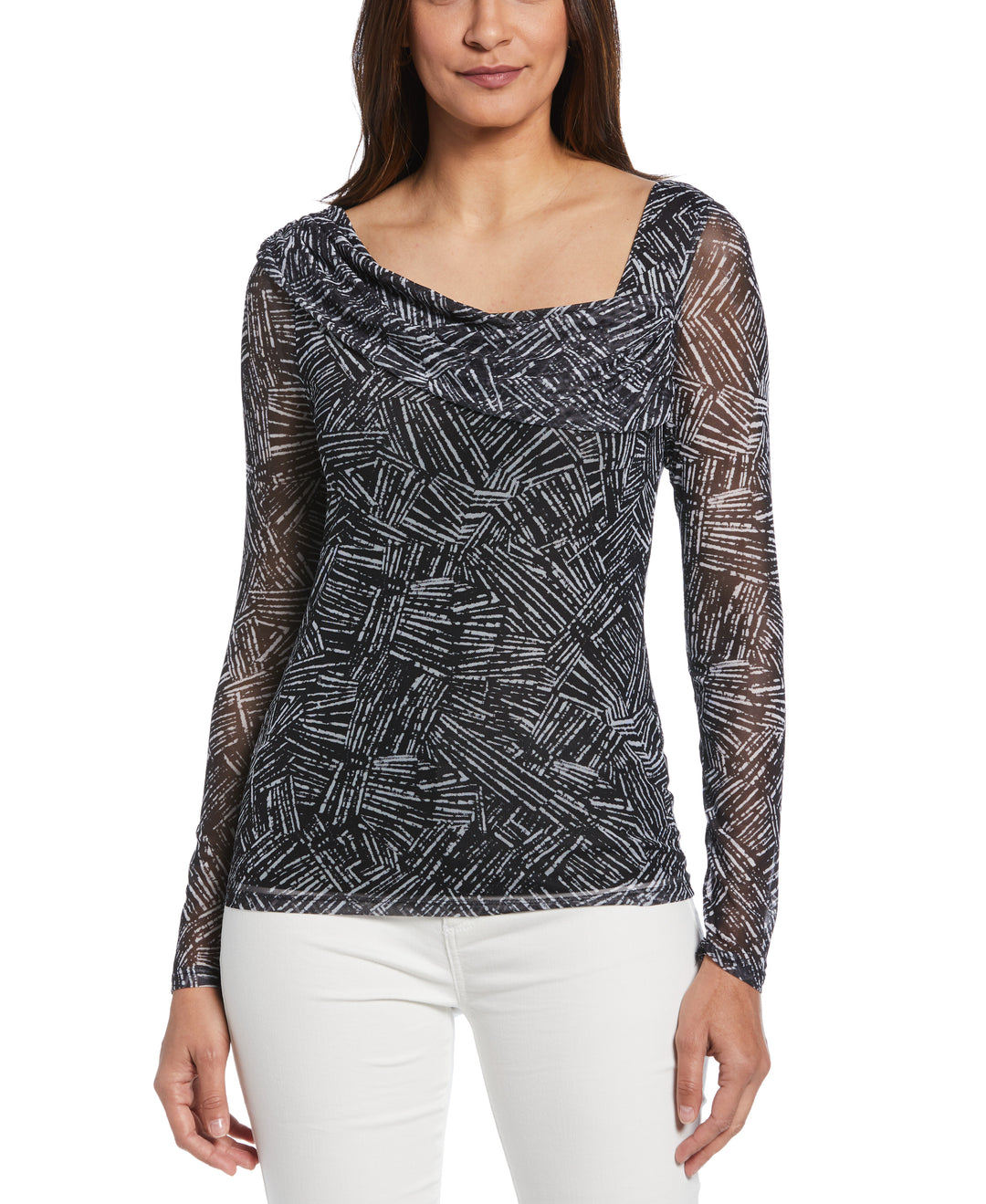 Printed Asymmetrical Mesh Top (Black) 
