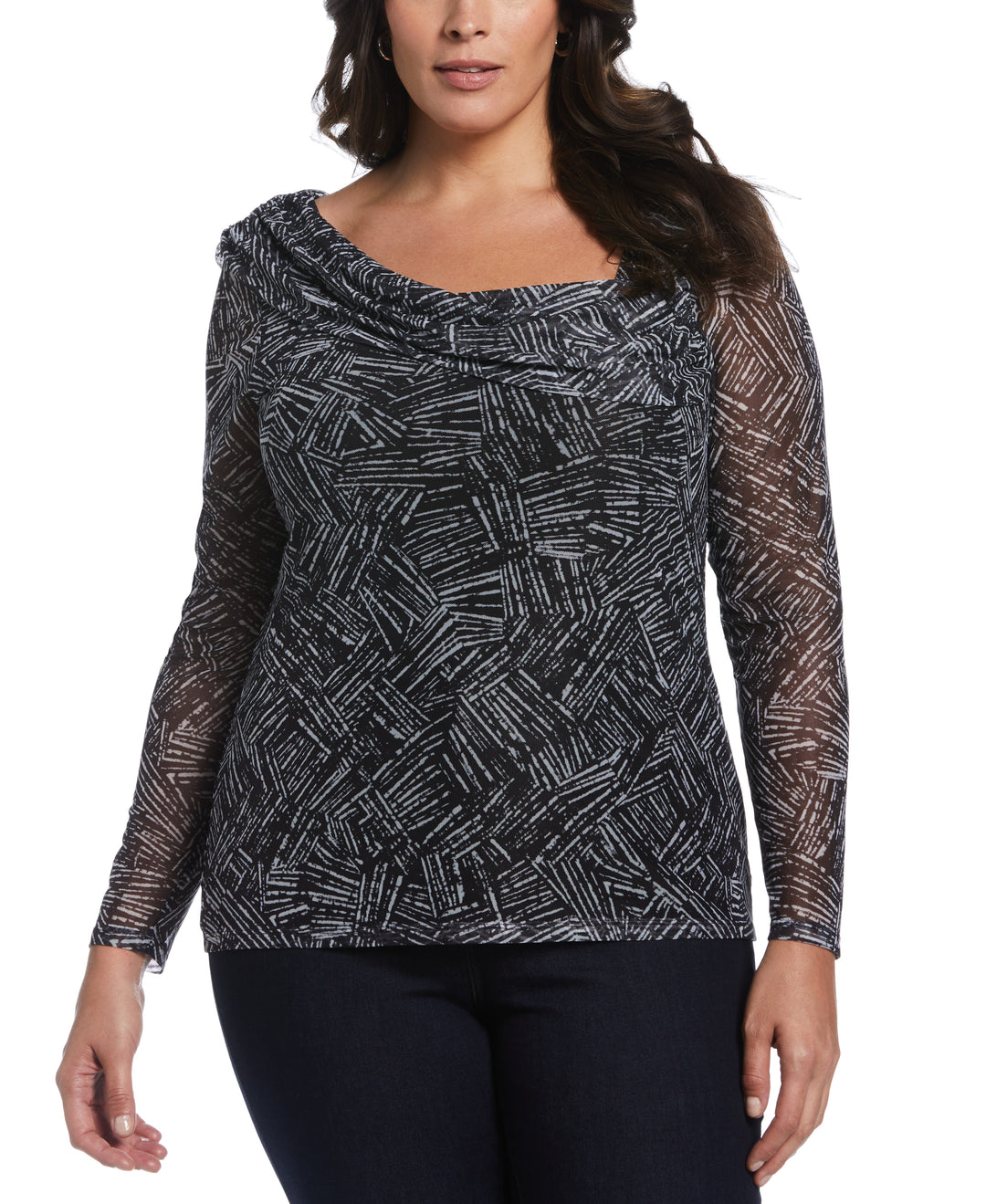 Printed Asymmetrical Mesh Top (Black) 
