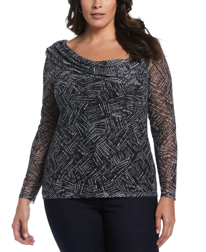 Printed Asymmetrical Mesh Top (Black) 