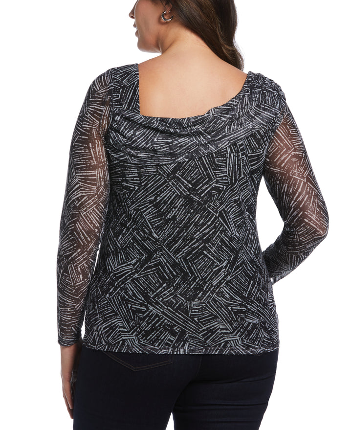 Printed Asymmetrical Mesh Top (Black) 