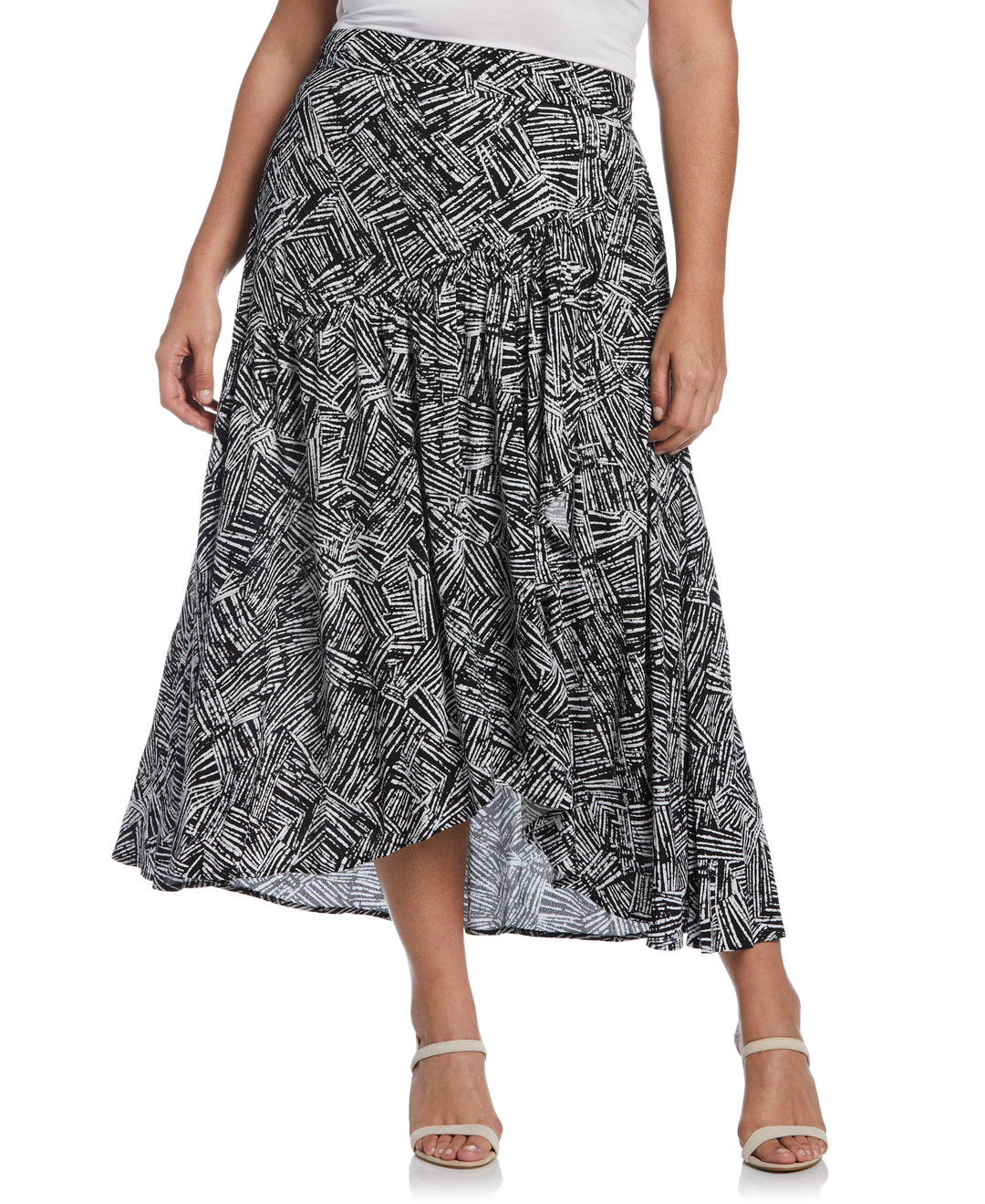 Printed Crepe Faux Wrap Skirt (Black) 