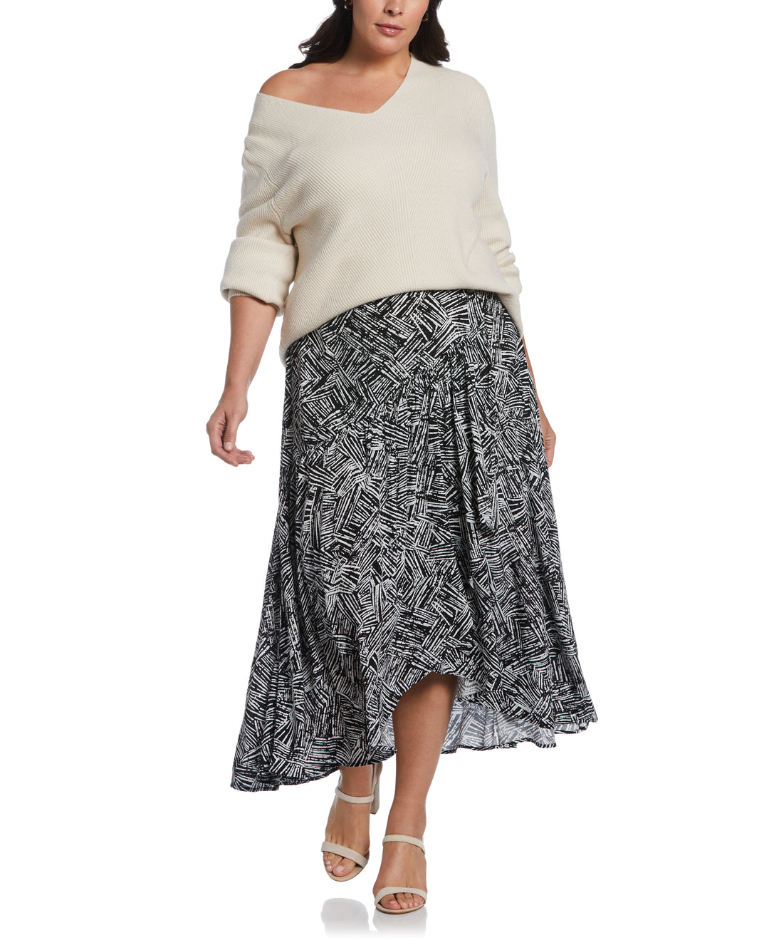 Printed Crepe Faux Wrap Skirt (Black) 
