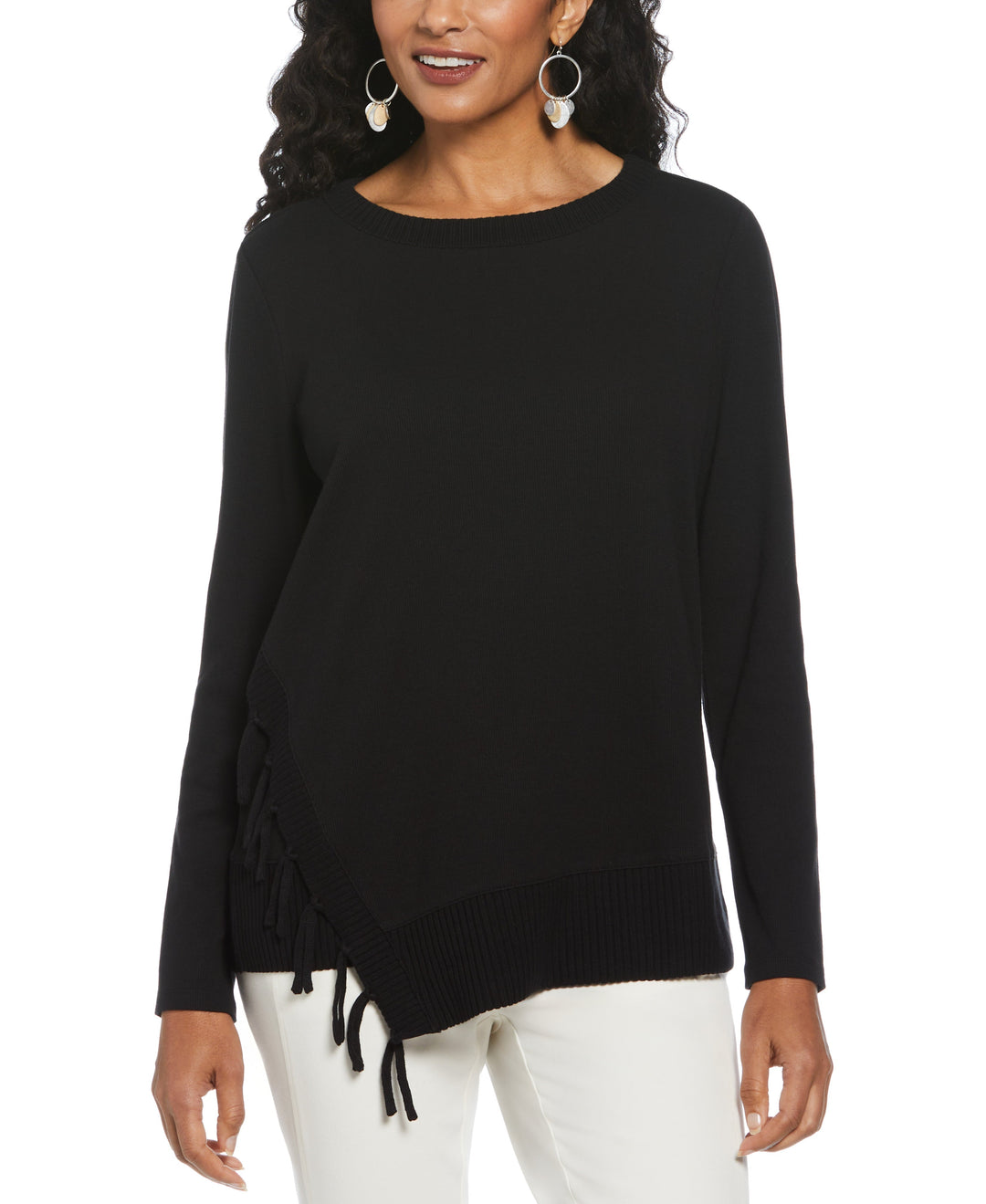 Ribbed Asymmetrical Fringe Hem Top (Black) 