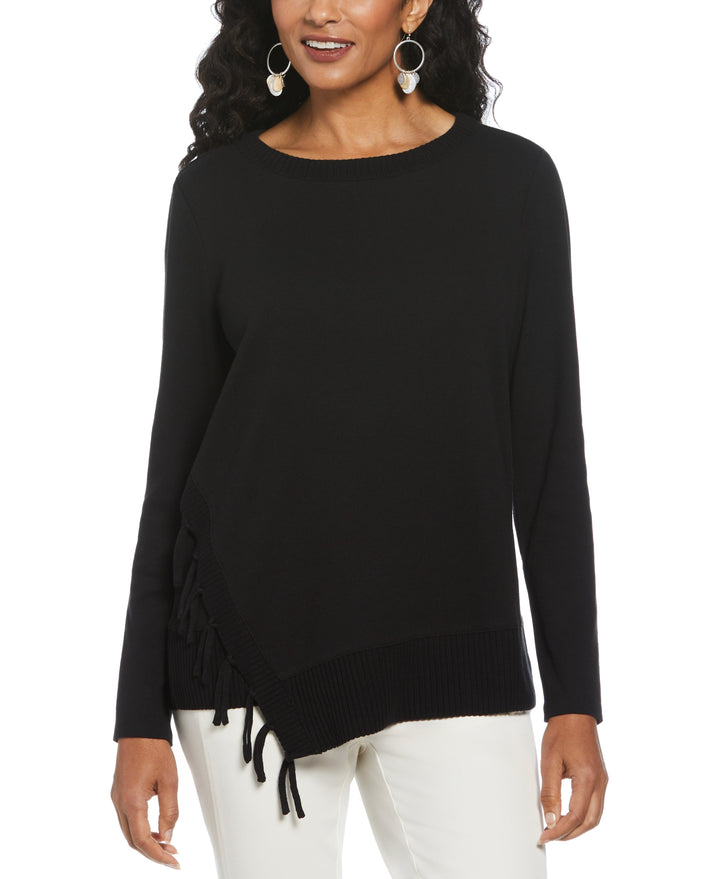 Ribbed Asymmetrical Fringe Hem Top (Black) 