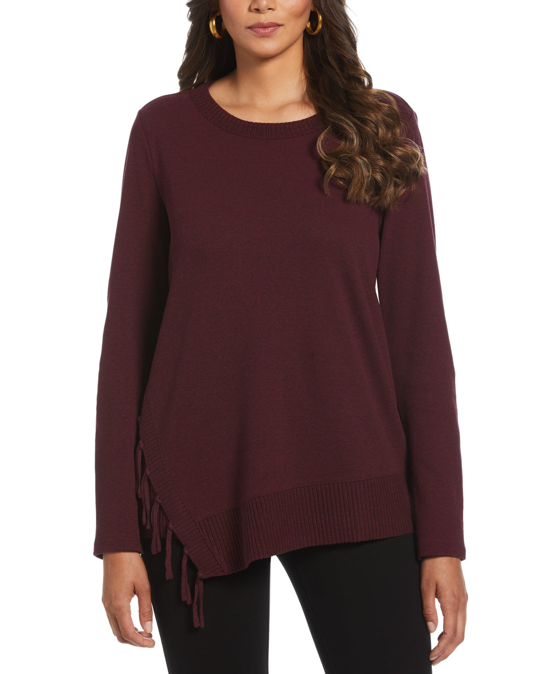 Ribbed Asymmetrical Fringe Hem Top (Dark Cherry Heather) 