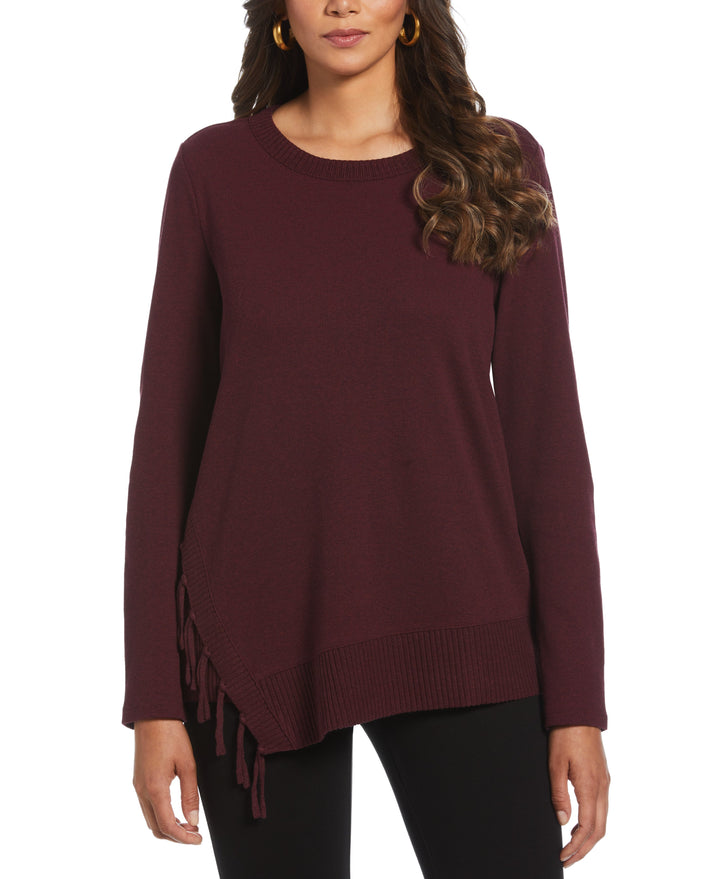 Ribbed Asymmetrical Fringe Hem Top (Dark Cherry Heather) 