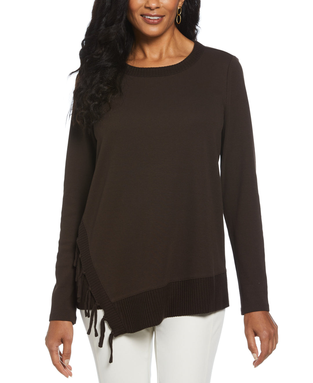 Ribbed Asymmetrical Fringe Hem Top (Dark Chocolate) 