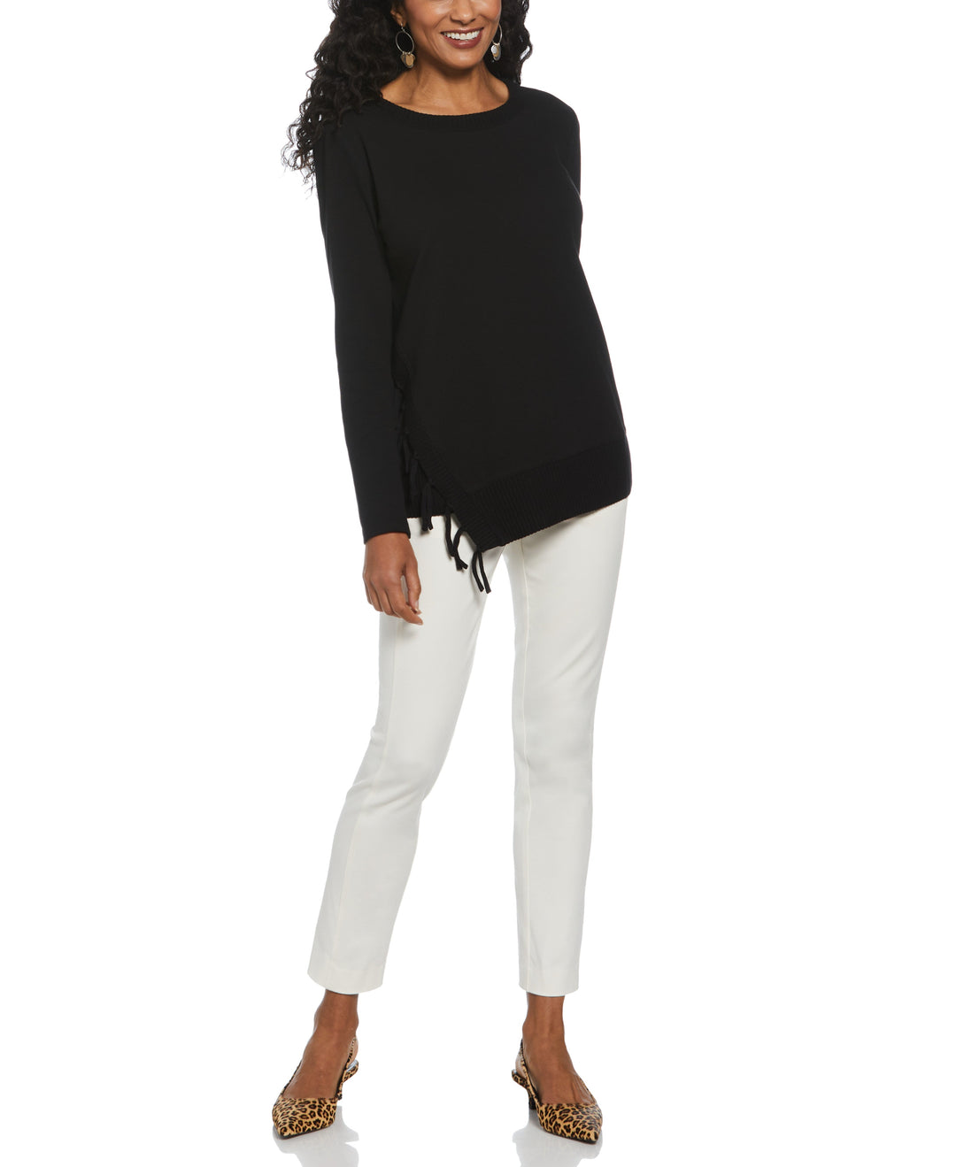 Ribbed Asymmetrical Fringe Hem Top (Black) 