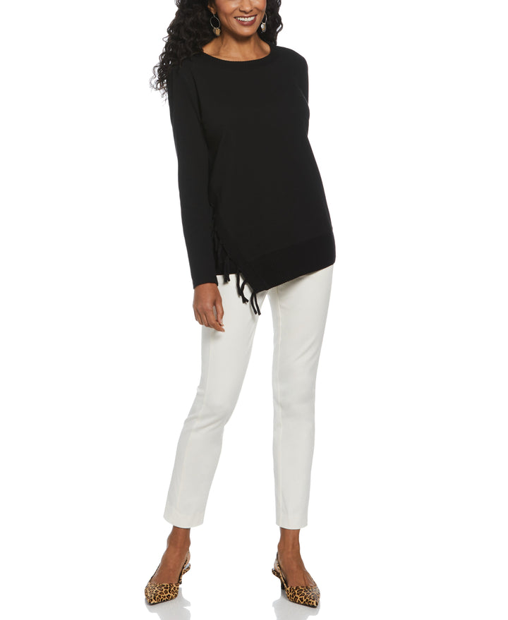 Ribbed Asymmetrical Fringe Hem Top (Black) 