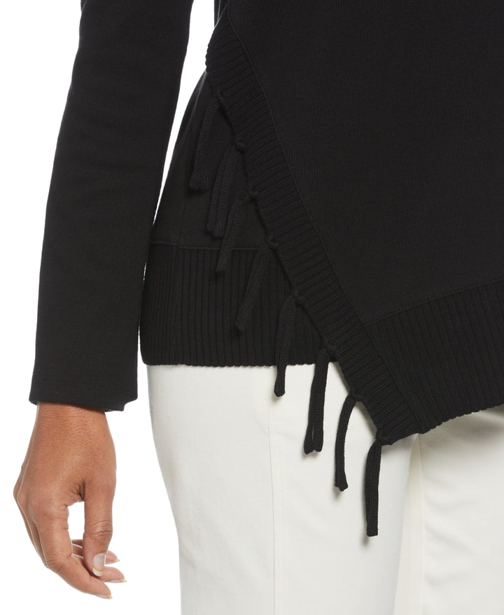 Ribbed Asymmetrical Fringe Hem Top (Black) 