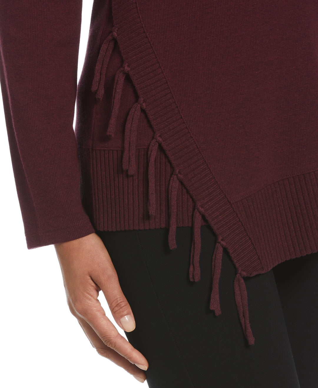 Ribbed Asymmetrical Fringe Hem Top (Dark Cherry Heather) 