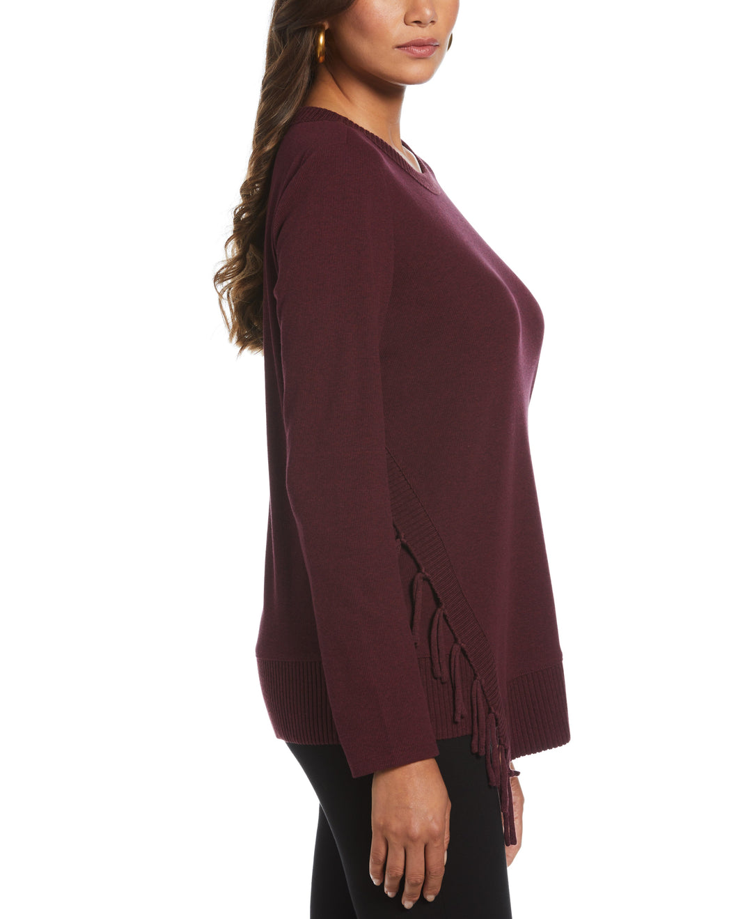 Ribbed Asymmetrical Fringe Hem Top (Dark Cherry Heather) 