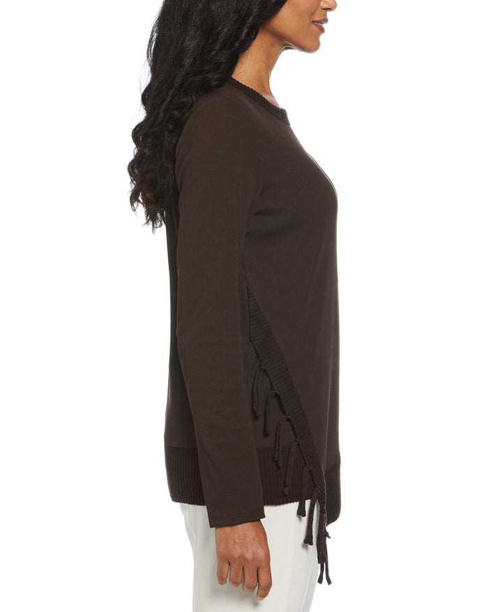 Ribbed Asymmetrical Fringe Hem Top (Dark Chocolate) 