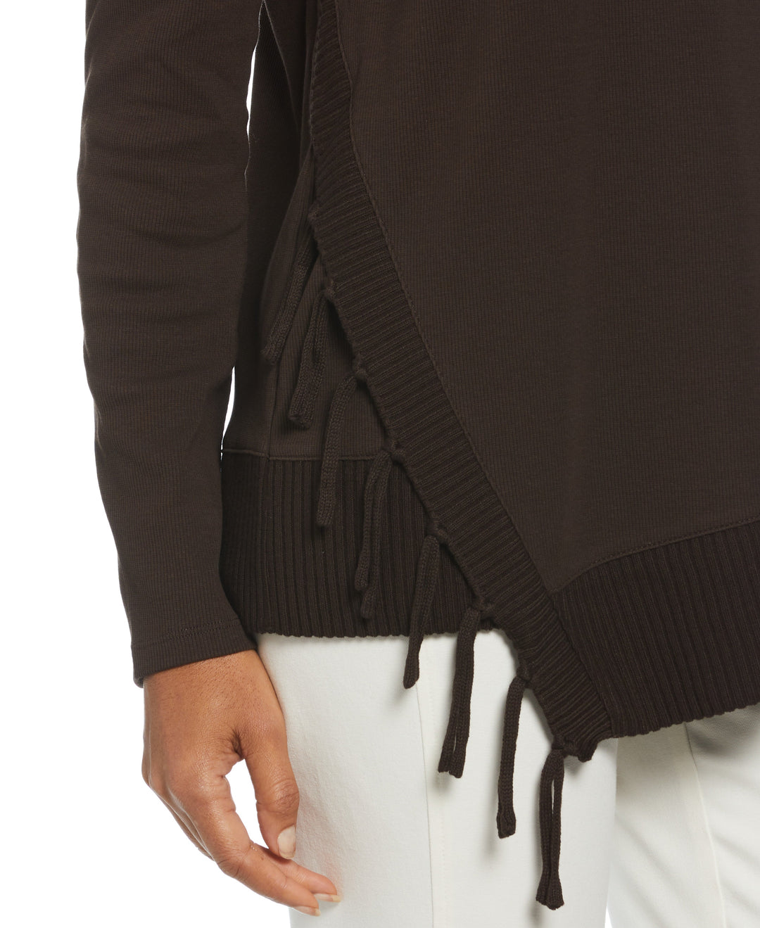 Ribbed Asymmetrical Fringe Hem Top (Dark Chocolate) 