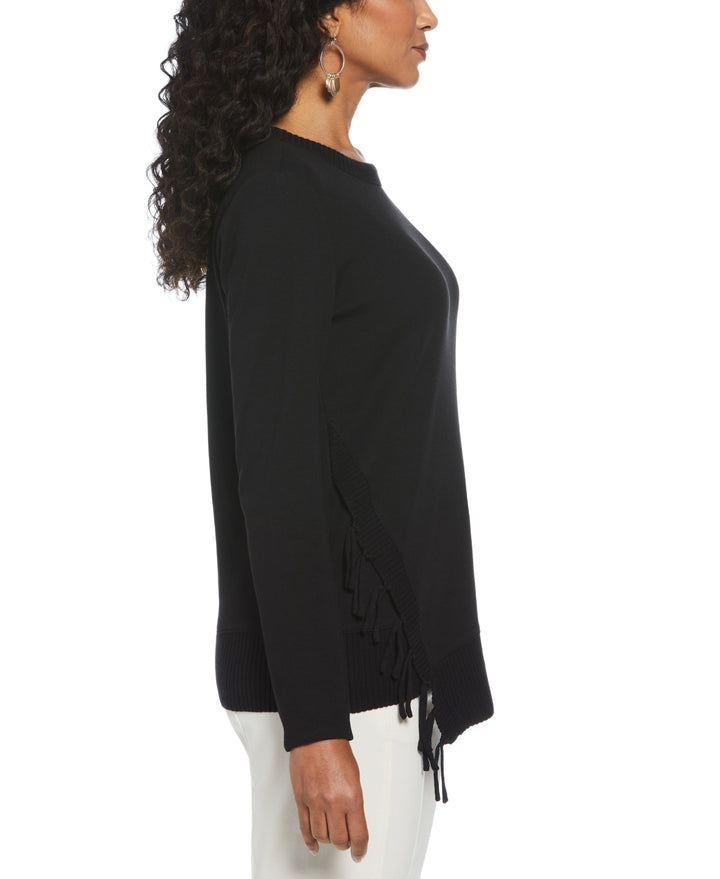 Ribbed Asymmetrical Fringe Hem Top (Black) 