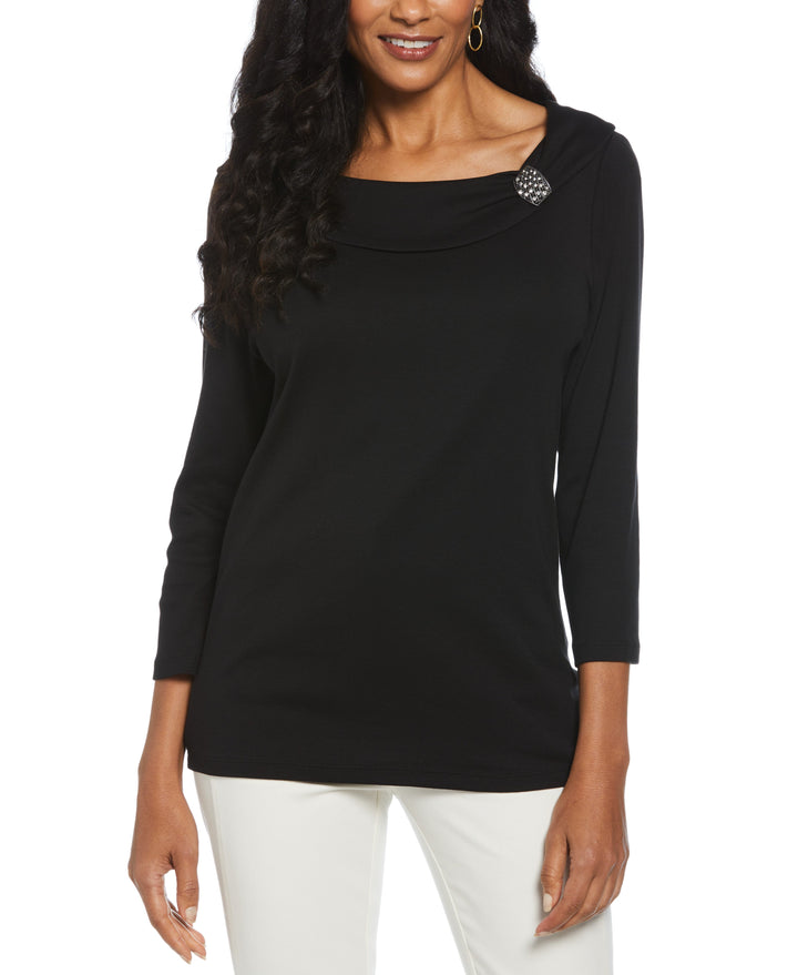 Ribbed Marilyn Neck Top with Decorative Brooch (Black) 
