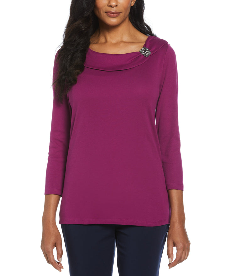 Ribbed Marilyn Neck Top with Decorative Brooch (Grinning Purple) 