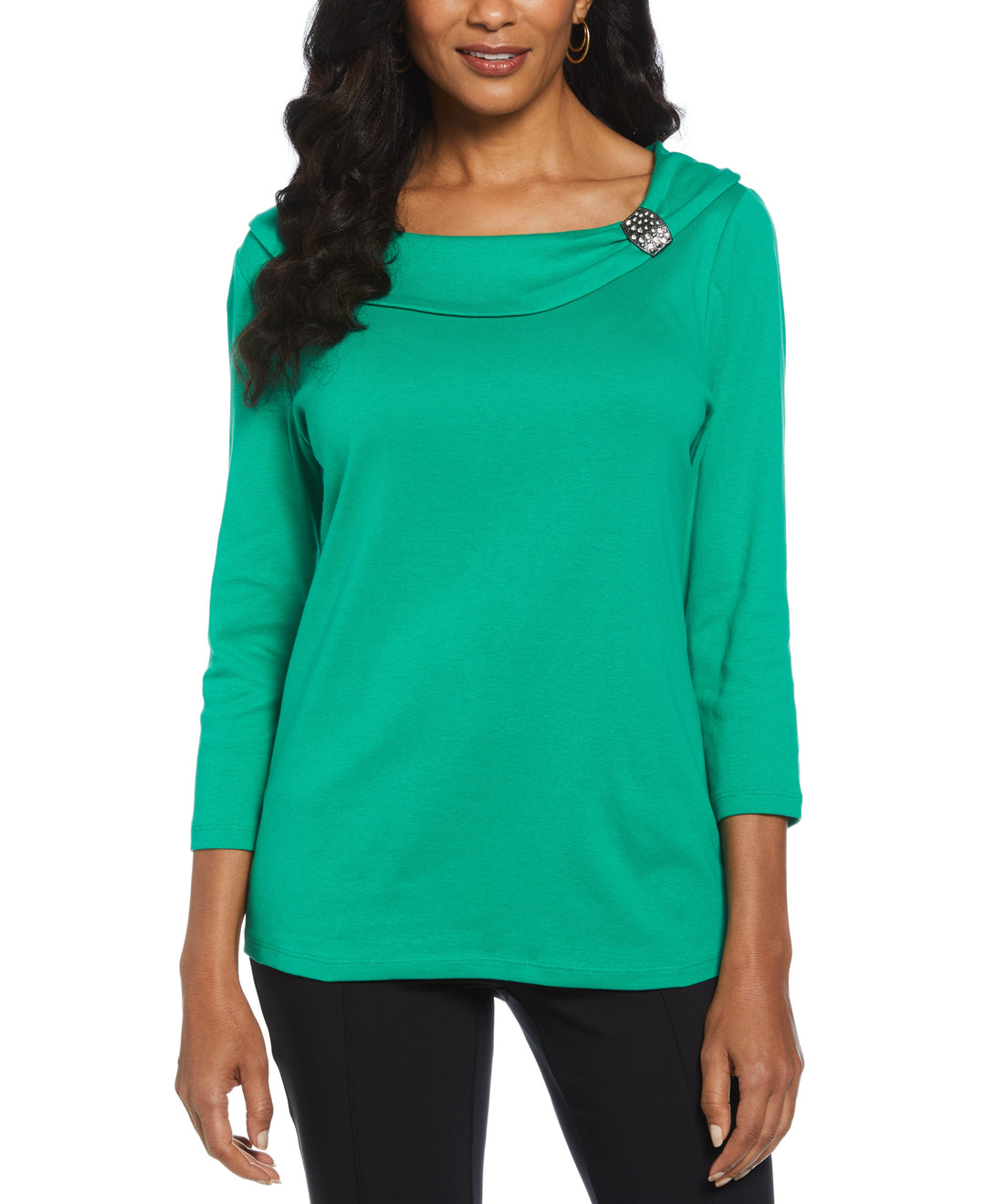 Ribbed Marilyn Neck Top with Decorative Brooch (Jelly Bean) 